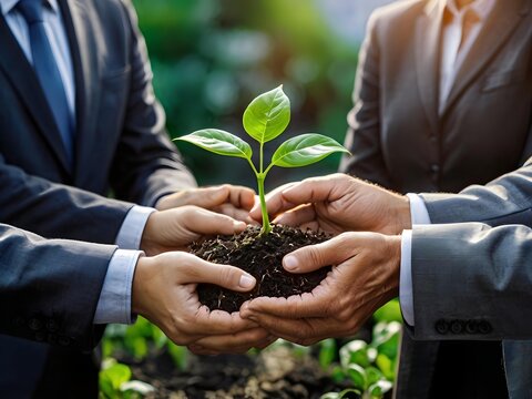 business people planting and protecting small shoots by hand, collection of business people holding small shoots