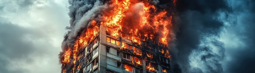 A dramatic image of a high-rise building engulfed in flames, showcasing the intensity of urban disaster and fire safety concerns.