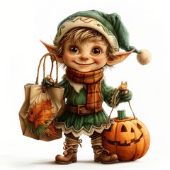 Cute Elf with Pumpkin and Bag of Leaves.
