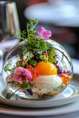 Sophisticated breakfast presentation  culinary artistry in a stylish restaurant setting