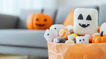 Surprise Halloween gift basket with candies and small wrapped presents selective focus theme treats, dynamic, Composite, living room