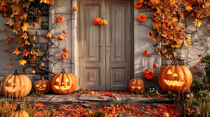 Obraz premium Front door embellished alongside foliage from fall and pumpkins celebrating halloween