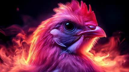 Fototapeta premium chicken, the head of a chicken in a multi-colored flame. Abstract multicolored profile portrait of a chicken head on a black background