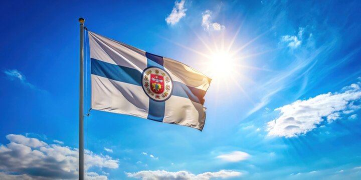 A vibrant English football club flag waves proudly in the gentle breeze on a sunny day in &Ccedil;orum, Turkey, against a bright blue sky backdrop.