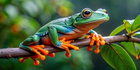 Naklejka premium A vibrant green Giant Waxy Monkey frog with bright orange feet and sticky pads perches on a thin branch, reaching for a nearby leaf.