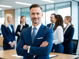Portrait of happy millennial male business owner in modern office. Busy diverse team working in background. Leadership concept.