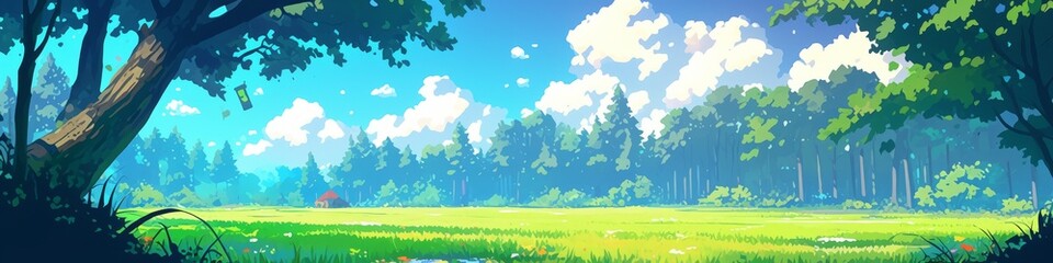Enchanting Anime-Style Summer Forest Village: Lush Green Meadows and Whimsical Cartoon Trees for Game Development. Dreamy 4K Wallpaper Showcasing Idyllic Rural Landscape with Sunlit Foliage. Creative 