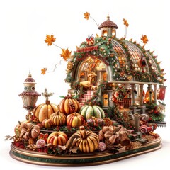Obraz premium Autumnal Fantasy - Pumpkin House with Decorated Roof and Festive Decorations.