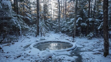 An ice bath session taking place in the middle of a snowy forest with the message Nature heals even in the coldest of moments incorporated into the image.