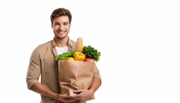 Smiling young man holding groceries vegetable shopping bag standing