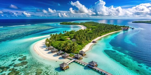 Fototapeta premium Aerial view of the stunning Maldives showcasing turquoise waters, sandy beaches, and luxury resorts