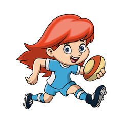 Cute girl cartoon playing rugby