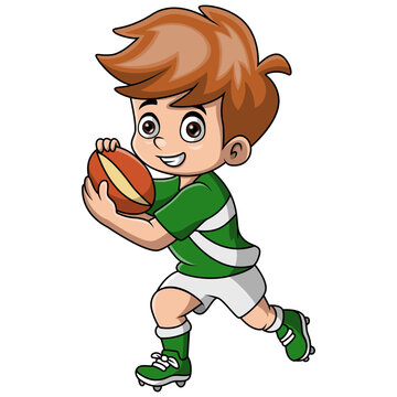 Cute boy cartoon playing rugby