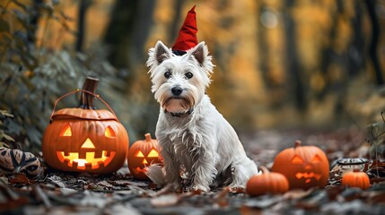 Funny halloween west white terrier dog sitting out with lanterns spooky faces fashioned from fear and a red hat with devil horns