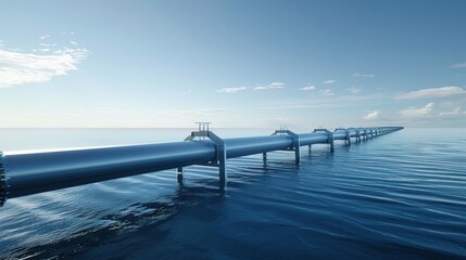 Obraz premium A long pipeline extending over a calm body of water under a clea