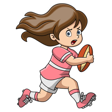 Cute girl cartoon playing rugby