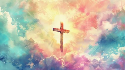 A glowing wooden cross rises into a beautiful, colorful sky fill