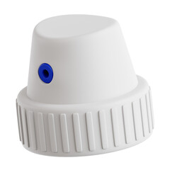 A close-up of a white spray cap with a blue nozzle