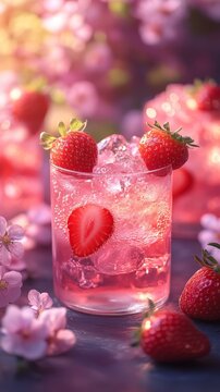 Frose Strawberry on rim summer garden party with p  127 strawberry, fruit, glass, drink, cocktail, food, red, dessert, alcohol, fresh, juice, white, ice, isolated, sweet, berry, cold, freshness, bever