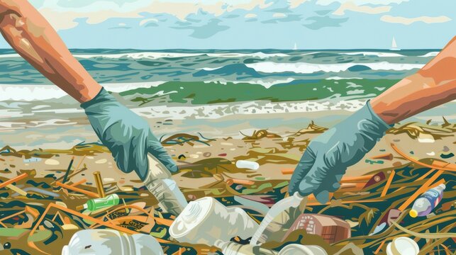 Two individuals wearing gloves clean up plastic waste from a bea