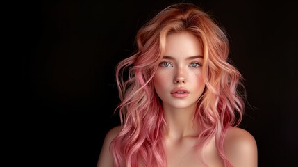 Fototapeta premium Portrait of a beautiful young woman with beautiful hair Hair care ideas, damaged hair repair ideas, beautiful hair, smooth, shiny hair.
