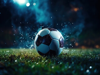 Fototapeta premium Fantastic Goalkeeper saves ball in a soccer match in a large stadium at night