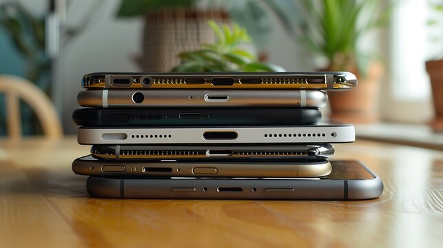 A stack of smartphones resting on a table includes a range of cellphone types
