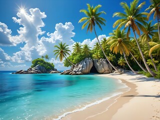 An exotic island paradise with clear blue water, sandy white beaches, swaying palm trees, vibrant tropical flowers, and a clear blue sky, fantasy style