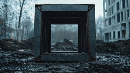 abandoned building frame in winter landscape