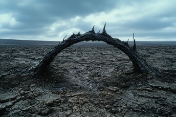 Dramatic arch-shaped tree trunk against stormy sky