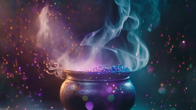 A pot filled with smoke sitting on a table, Witches' cauldron bubbling with colorful potions and smoke