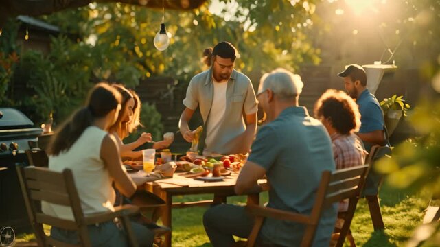 A family gathers for a barbecue in the backyard, enjoying a sunny summer day and each others company A backyard barbecue with family members laughing and playing games