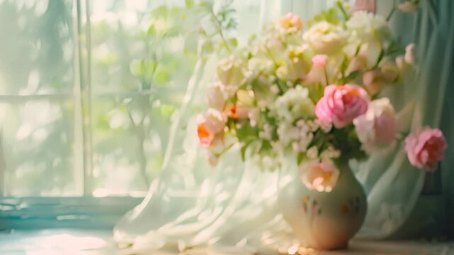 A beautiful bouquet of pink roses and white flowers arranged in a delicate vase on a windowsill A beautiful bouquet of flowers in a delicate vase