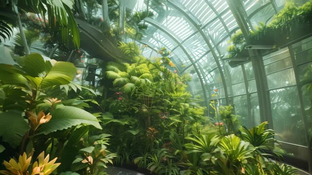 A biodome filled with lush, futuristic plant life, showcasing a unique ecosystem within a controlled environment A bio-dome filled with lush, futuristic plant life