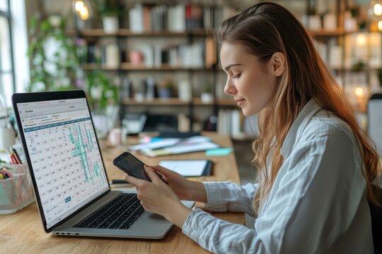 Event planner timetable agenda plan schedule event. Business woman checking planner on mobile phone, scheduling on calendar planner, laptop computer on office table. Calendar event, Generative AI