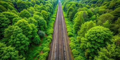Aerial view of a lush green railway track surrounded by dense forest, drone, railway, green corridor, woods