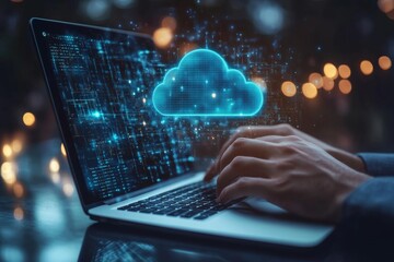 Digital technology, big data, global business concept and futuristic technology background. Businessman working on laptop and digital tablet with internet network, cloud, Generative AI