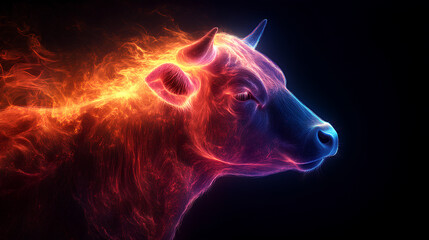 cow, the head of a cow in a multi-colored flame. Abstract multicolored profile portrait of a cow head on a black background