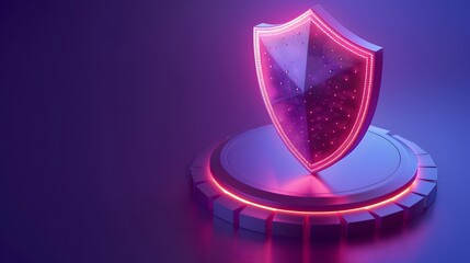 3D illustration of a glowing shield symbolizing cybersecurity and protection against digital threats in a futuristic environment.