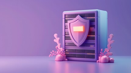 Fototapeta premium 3D illustration of a server with a security shield. Representation of data protection and cybersecurity in vibrant colors.