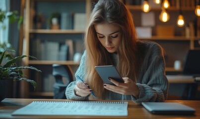 Event planner timetable agenda plan schedule event. Business woman checking planner on mobile phone, scheduling on calendar planner, laptop computer on office table. Calendar event, Generative AI