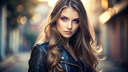 Fototapeta premium Attractive female model with luscious long hair and piercing eyes poses confidently in a sleek black leather jacket against a soft blurred background.