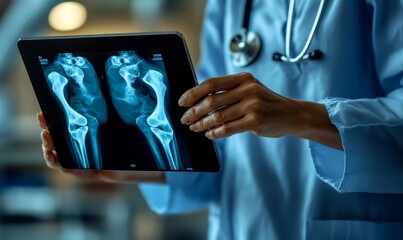 Orthopedics surgeon doctor using digital tablet and examining and recording patient's knee joint x-ray films, MRI bone, ct scan at radiology orthopedic unit in hospital. knee joint film, Generative AI