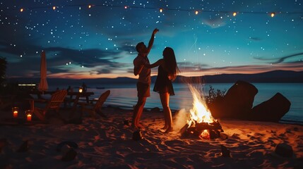 A couple dancing under the stars at a beach bonfire party.
