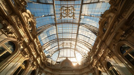 Glass ceiling roof of the old palace with gilded lights