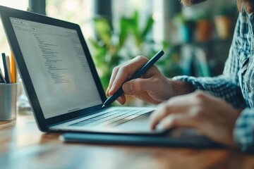 graphic designer using stylus pen on digital tablet screen while working on laptop computer on office table. Man in casual ware online working, surfing the internet on tablet, Generative AI