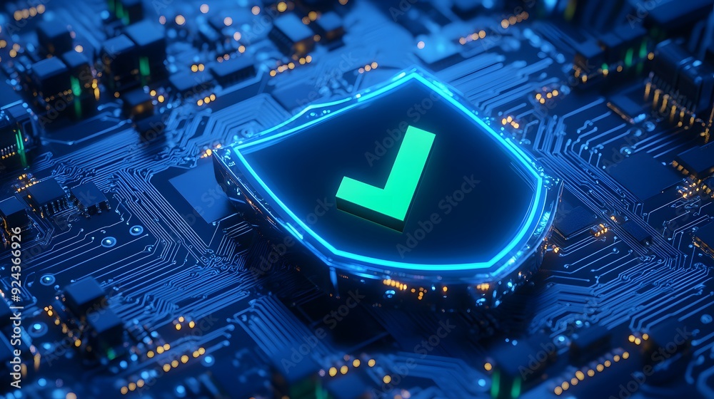 Poster a close-up view of a digital security shield icon with a check mark, symbolizing cybersecurity and d