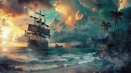 Obraz premium Pirate Adventure. High detailed pirate ship on plain background concept