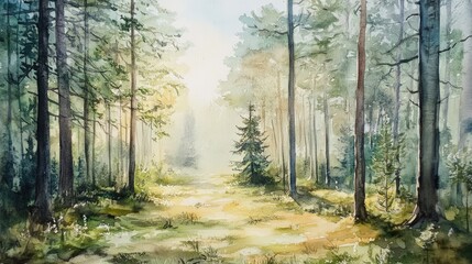 Fototapeta premium Watercolor Painting of a Sunlit Forest Path