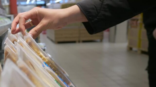 A woman's hand picks up and selects sandwiches in a grocery store. Prepared food in the store.